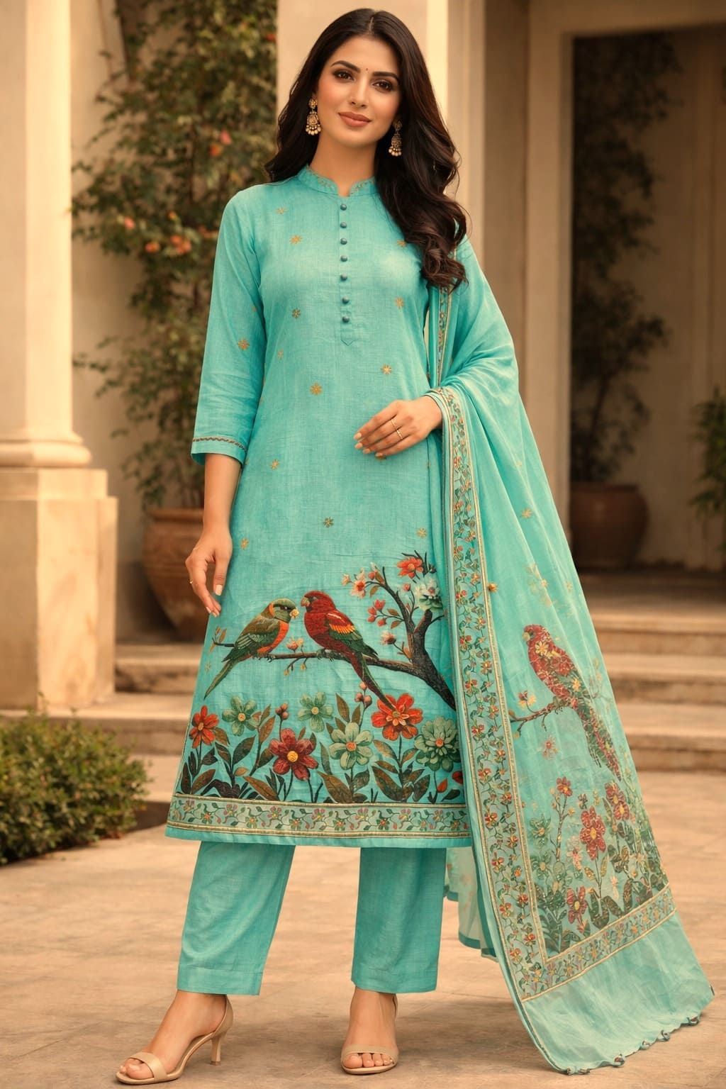 Teal Green Printed Kurti Set