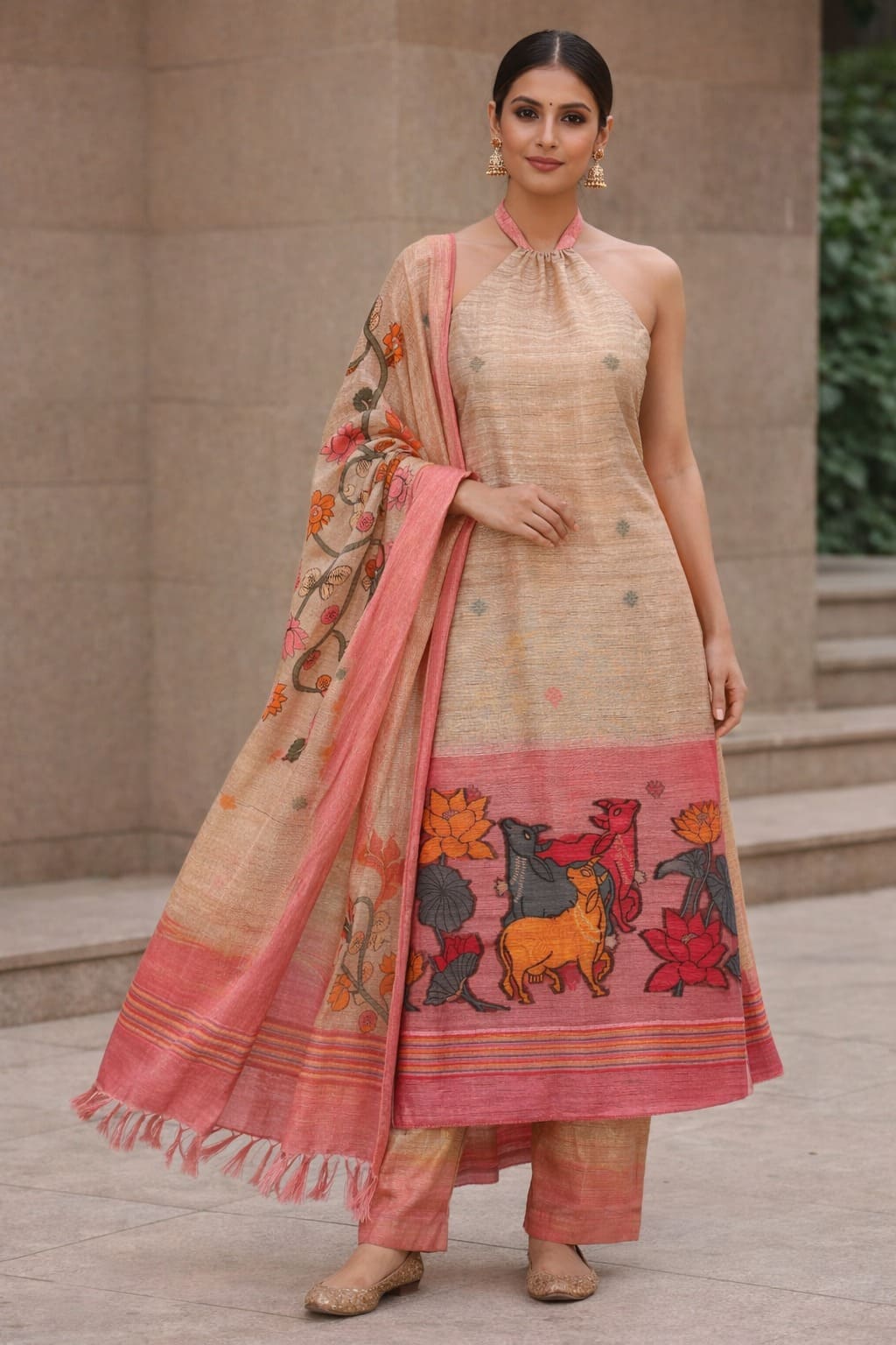 Beige & Pink Pichwai Halter Set