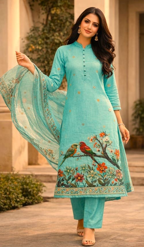 Teal Green Printed Kurti Set