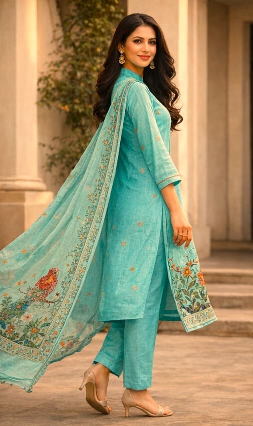 Teal Green Printed Kurti Set